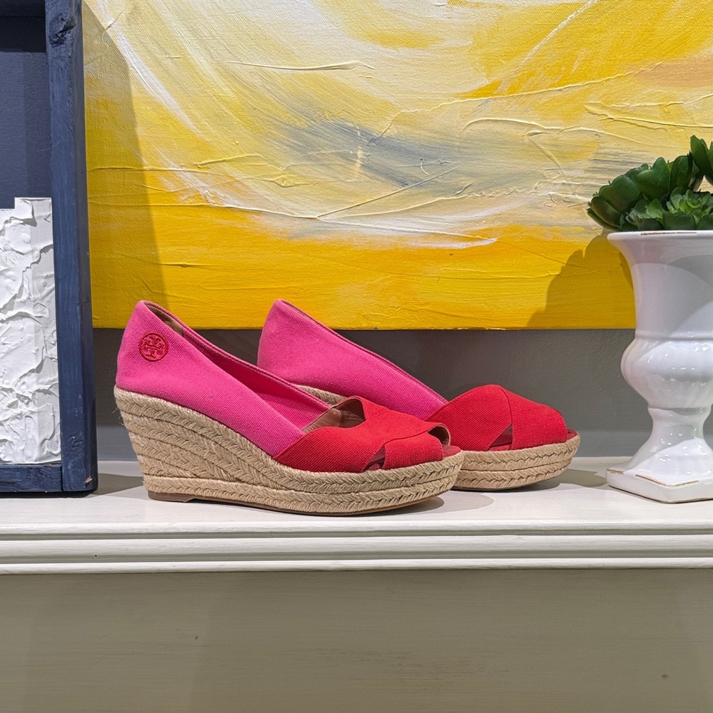 Tory Burch Pink and Red Wedge Espadrilles